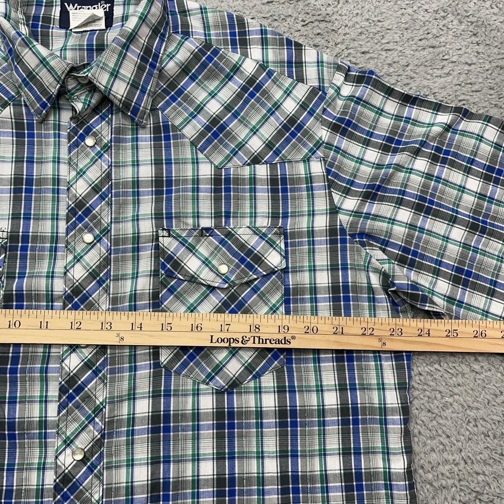 Wrangler Western Pearl Snap Shirt Mens L Blue Green Metallic Tartan Plaid Cowboy